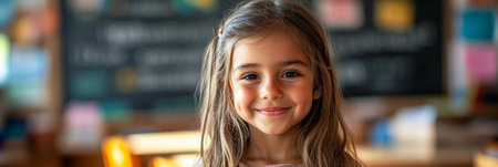A 10-year-old Hispanic girl stands in a bright classroom, smiling happily as her classmates participate in different activities, bannerの素材