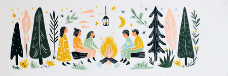 Friends gather around a crackling fire, sharing stories and laughter. Tall trees frame the sky dotted with countless stars, creating an inviting and magical night, bannerの素材
