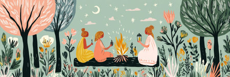 Two friends gather around a warm fire, exchanging stories while illuminated by the flames and starlit sky, with silhouetted trees creating a serene atmosphere, bannerの素材