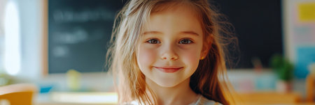 A cheerful ten-year-old girl stands in a colorful classroom filled with learning materials, smiling as she enjoys her day among friends. Bright sunlight filters through the windows, bannerの素材