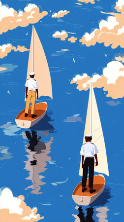 Two individuals are sailing in a small boat on a calm lake, enjoying a sunny day. The reflection in the water and bright blue sky enhance the serene atmosphere of the momentの素材