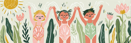 Three children are splashing in a backyard sprinkler, smiling and holding hands in the summer sun. Colorful flowers and tall plants create a vibrant atmosphere of fun and laughter.の素材