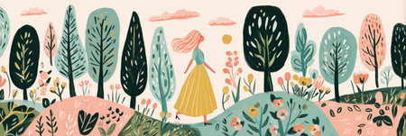 A woman walks gracefully through rows of green vines, surrounded by colorful flowers under a bright sky.の素材