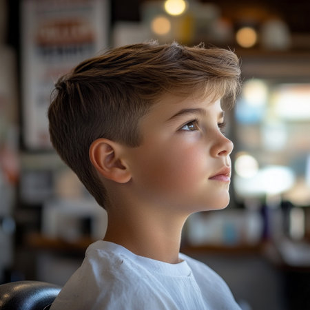 Young male sits in profile at a modern barber shop, preparing for a haircut. Bright lighting and a cozy atmosphere enhance the experience of groomingの素材