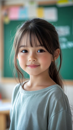 Bright and cheerful Asian girl, around ten years old, stands in a classroom, smiling joyfully as she engages with classmates, surrounded by educational materials and a chalkboardの素材