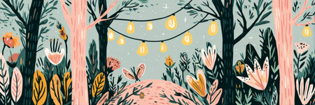 Twinkling fireflies dance around a quiet field at dusk, surrounded by colorful wildflowers and lush foliage, creating a magical atmosphere beneath a crescent moon, bannerの素材