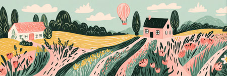 Lavender fields stretch across the landscape, vibrant purple against a clear sky. Distant mountains and a nearby hot air balloon add charm to this serene countryside setting.の素材