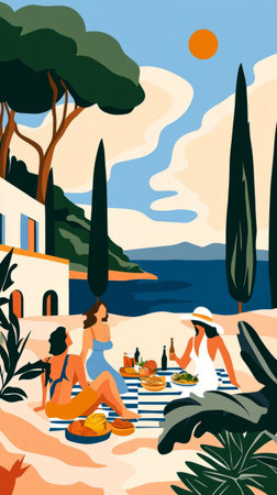 Group of friends share laughter and good times on a sunny beach. They relax on a colorful blanket, surrounded by nature and enjoying the beauty of a perfect summer dayの素材