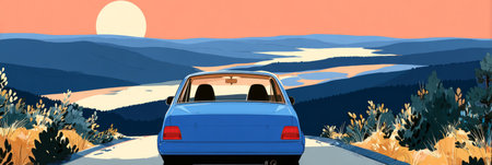 A vintage car is parked on a winding road, overlooking a serene river as the sun sets behind rolling hills. A large map rests on the roof, hinting at an adventure ahead, bannerの素材