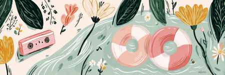 Vibrant depiction of a calm river flowing through a garden filled with diverse flowers and a retro boombox relaxing among the greenery on a sunny summer day, bannerの素材