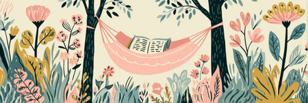 A serene spot with a hammock strung between two trees invites relaxation among vibrant flowers and lush greenery, perfect for reading a favorite book in nature embrace, bannerの素材