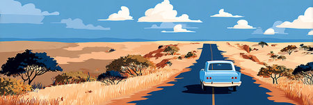 A vintage vehicle navigates a scenic route that winds through vast golden fields and sparse trees in a sunny desert setting, evoking a sense of freedom and adventure, bannerの素材