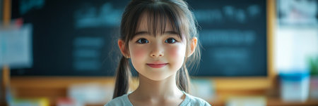 A cheerful 10-year-old Asian girl sits in a classroom, beaming with joy as she engages in an educational activity with classmates in the background during school hours, bannerの素材