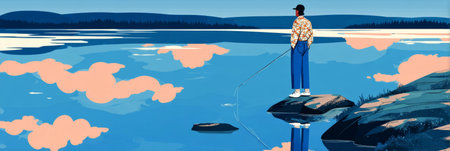 Fisherman stands on a rocky outcrop, casting a line into a calm lake as soft clouds reflect off the water's surface during a colorful sunset, surrounded by nature's tranquility.の素材