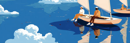 Groups of individuals enjoy sailing on small boats across serene waters. The clear blue sky and soft clouds create a picturesque backdrop for this peaceful activity, bannerの素材