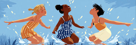 Three kids play joyfully in a backyard, surrounded by water spraying from a sprinkler on a warm, sunny day. Laughter fills the air as they enjoy their summer fun, bannerの素材