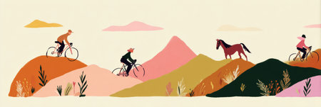 Cyclists ride along vibrant hills during summer, surrounded by rich colors and flora. The joyful atmosphere reflects the beauty of outdoor biking adventures.の素材