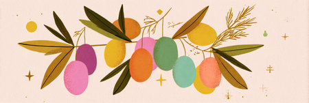 Olives in various stages of ripeness are hanging from a branch surrounded by colorful leaves, creating a vibrant and artistic display suitable for food lovers and culinary decoration, bannerの素材