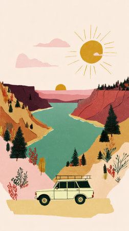 A classic car is parked along a winding road surrounded by colorful mountains and lush greenery. The sun shines brightly, creating a joyful atmosphere for adventure loversの素材