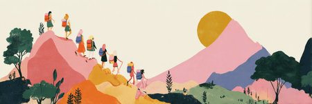 A group of hikers ascends a rocky trail, each carrying a backpack bannerの素材