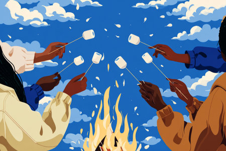 Hands hold roasting sticks with marshmallows over a bright flame, creating a fun bonding moment outdoors during a cozy evening among friends against a clear blue skyの素材