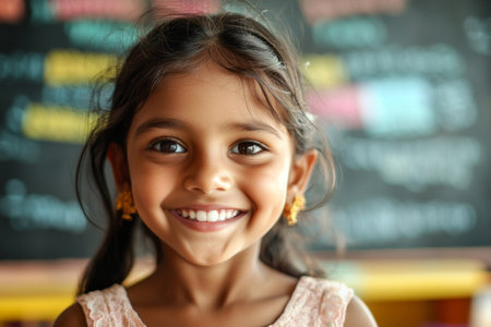 A cheerful 10-year-old Hindu girl stands in a classroom, wearing traditional earrings and a bright smile, surrounded by colorful educational materials on the wallの素材