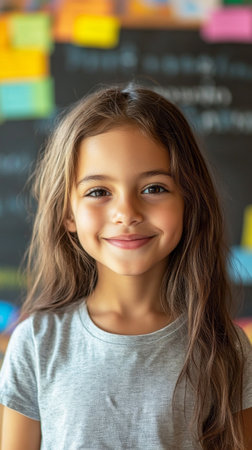 A 10-year-old Hispanic girl with long hair smiles brightly while standing in a classroom. Colorful notes and decorations create a cheerful learning environment around herの素材
