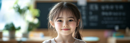 A cheerful 10-year-old Asian girl sits in a classroom, beaming with joy as she engages in an educational activity with classmates in the background during school hours, bannerの素材