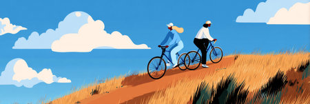 Two cyclists enjoy a summer day biking on a hilltop, surrounded by vibrant grass and wildflowers under a bright blue sky with fluffy cloudsの素材
