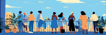 People engage in cheerful conversations while enjoying drinks at an urban garden party, surrounded by greenery and a clear blue sky on a sunny day, bannerの素材