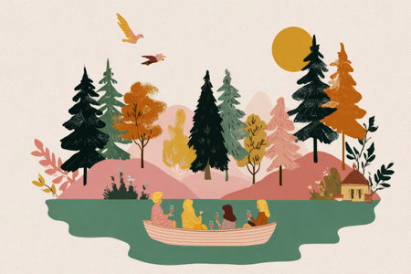 Three friends share a joyful picnic experience on a tranquil lake, surrounded by lush greenery and colorful plants, enjoying fruit and refreshing drinks togetherの素材