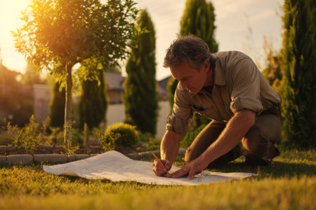 Kneeling on the grass, a man sketches a garden layout during sunset. Surrounding him are trees and greenery, emphasizing a wildcrafted approach to space planning and designの素材