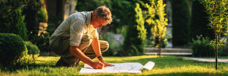 A man kneels on grass in a garden, sketching a layout for sustainable planting. Surrounding him are well-maintained shrubs and trees, illuminated by warm evening sunlight, bannerの素材