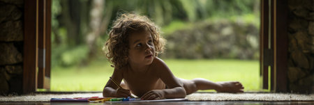 A young child lies on the floor near a window, drawing on paper, while vibrant greenery and sunlight fill the space, creating a warm and creative atmosphere, bannerの素材