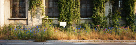 Colorful wildflowers and greenery envelop the weathered structure, showcasing nature's beauty amidst urban neglect during a sunny summer day in an abandoned area, bannerの素材