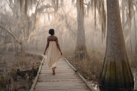 A woman strolls barefoot on a wooden path surrounded by lush greenery in a humid subtropical habitat. The golden hour casts a warm glow on the scene, Southeast, Humid Subtropical habitatの素材