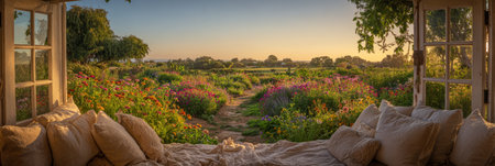 Cozy seating invites relaxation while overlooking a beautifully curated landscape featuring natural stones and lush vegetation during daylight. Nature seamlessly blends with modern design, bannerの素材