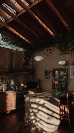 Sunlight streams through a large window, illuminating a rustic kitchen filled with vibrant wildflowers. Outside, rolling hills showcase a meadow in full bloom, creating a serene atmosphereの素材
