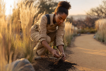 A woman in casual work attire kneels beside a dirt patch, carefully planting a small tree along a gravel road. The peaceful landscape features soft light and distant hills in the backgroundの素材