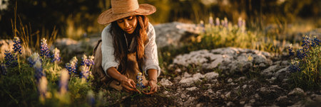 A girl in a wide-brimmed straw hat carefully picks wildflowers from a rocky terrain, surrounded by blooming foliage, illuminated by the warm light of sunset, bannerの素材