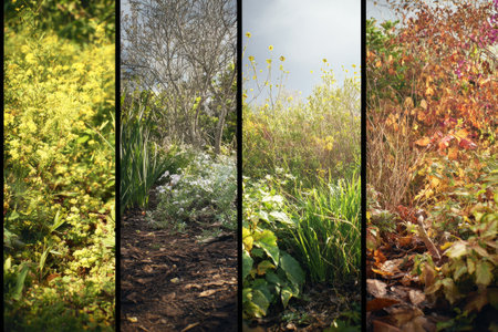 Experiencing the beauty of seasonal transitions in a lush garden filled with wildcrafted plants and flowers, showcasing nature's rich colors and textures throughout the year.の素材