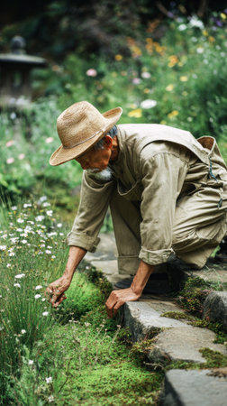 A dedicated gardener carefully tends to moss-covered stones, surrounded by vibrant wildflowers in a serene garden setting early in the day. Sunlight filters through the foliageの素材