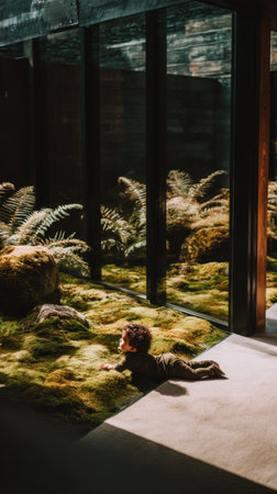 A young child lies on the floor, immersed in drawing with colored pencils. Natural light streams in, highlighting the wildcrafted greenery by the window, creating a serene atmosphereの素材
