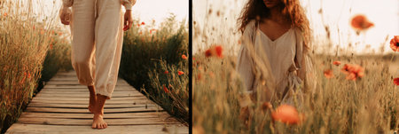 Barefoot individual strolls along a rustic pathway surrounded by vibrant wildflowers during sunset, capturing the essence of nature's beauty and calmness, bannerの素材