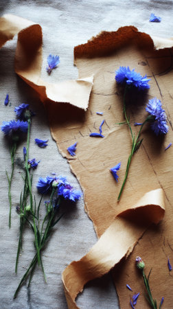 A collection of blue flowers arranged alongside natural textures creates an artistic moodboard.の素材
