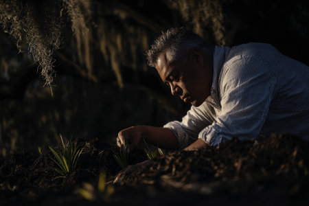 A resident carefully plants a young palm sapling in rich soil surrounded by lush greenery. The activity supports local ecosystems in a Southeast humid subtropical environmentの素材