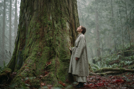 Amidst the misty old-growth forest of the Pacific Northwest, a person stands in awe against a towering tree, feeling the serene energy of the lush surroundings, immersed in tranquilityの素材