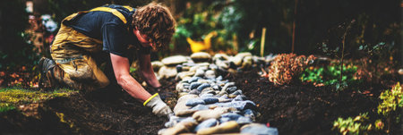 A gardener works diligently in a wildcrafted area, carefully digging into the soil to prepare a garden bed for planting. The tranquility of early spring surrounds the lush landscapeの素材