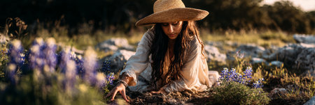 A girl in a wide-brimmed straw hat carefully picks wildflowers from a rocky terrain, surrounded by blooming foliage, illuminated by the warm light of sunset, bannerの素材