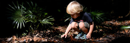 A young child crouches down among dense undergrowth, intently examining the variety of plants in a humid subtropical environment during the day, surrounded by palm leaves and foliageの素材